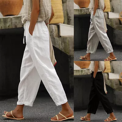 Summer Womens Ladies Cotton Linen Loose Casual Harem Pants Drawstring Trousers • £13.29