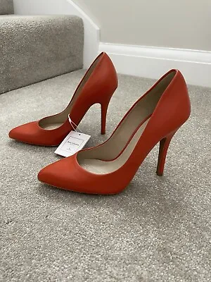 ❤️New ZARA Orange Leather Court Shoes Heels Size UK 4 • £34.90