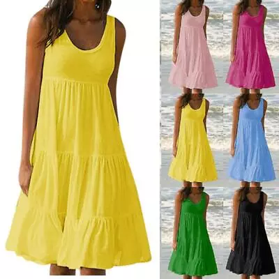 Womens Holiday Beach Tank Dress Sundress Solid  Pullover Shirt Dress Plus Size • £8.99