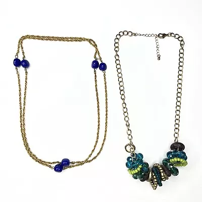 H3 Lot Gold Chains Bib Blue Green Glass Crystals Bubble Bead 70s Retro Necklaces • $6