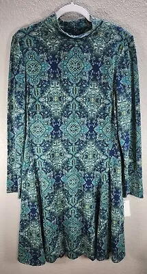 Rabbit Designs Teal Tunic Dress Mosaic Print Long Sleeve Above Knee Sz 16 NWT • £11.11