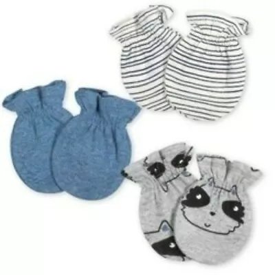 Gerber Baby Boys' Raccoon Mittens Size 0-3M Gray Blue Striped 3pk • $7.99