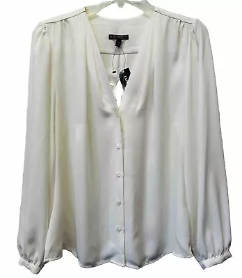 New Express Women’s M Ivory Button Front Chiffon V Neck Long Sleeve Blouse Top • $19.95