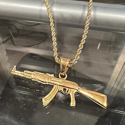 14K Gold Plated Rope Chain 24  3MM W/ Stainless Steel AK-47 Gun Rifle Pendant • $19.95