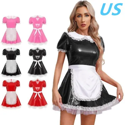 US Women French Maid Cosplay Costume PVC Leather A-line Dress With Apron Outfit • $7.30
