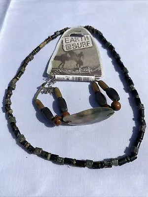 Mens Metal Wooden Bead Earth Surfer Bracelet & Necklace • £3