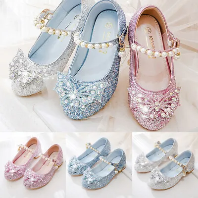 Girls Elsa Princess Shoes Kids Party Sequins Bow Glitter Fancy Dress Sandals UK • £5.99