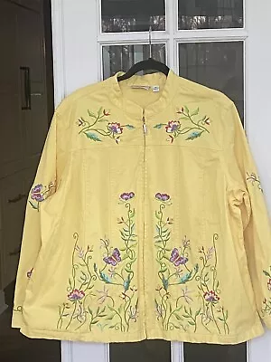 Quaker Factory Floral Embroidered Lightweight Yellow Jacket Pockets Full Zip! • $26.74
