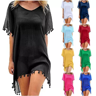 Womens Fringe Short Sleeve Mini Dress Beach Bikini Cover Up Kaftan Blouse Summer • $21.99