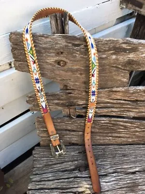 Vintage Beaded Leather Belt W/ Mexican Silver Buckle • $24