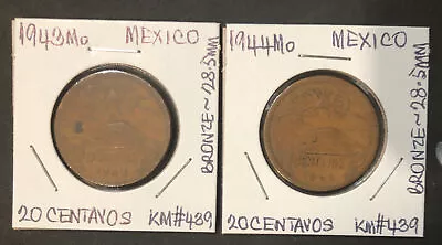 19431944 Mo  MEXICO 20 CENTAVOS SET OF 2 BRONZE COINS-28.5MM-KM#439 • $8.95