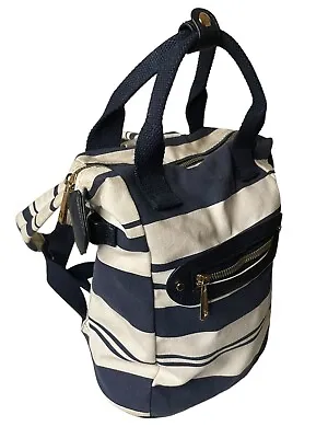 Nautical Preppy Canvas Small Backpack Bag Purse Navy Blue White Gold Hardware • $12.99