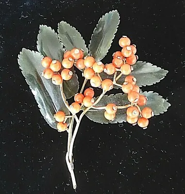 Vintage 14K Faberge Type Red Natural Coral Berry Nephrite Jade Holly Pin 3.5  • $1995