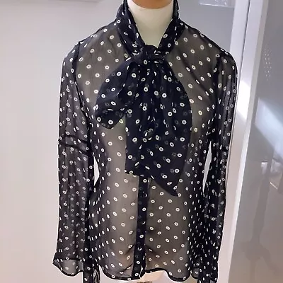 New Kate Moss Topshop Black Semi Sheer White Spot Pussy Bow Tie Blouse Top Uk 10 • £25