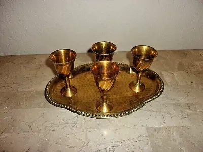 Vintage Indian Brass Cordial Set With 4 Mini Goblets And Oblong Tray • $13.95