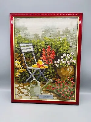 Finished Tapestry Cross Stitch Framed Picture Garden Chair Hat 1995 • £22