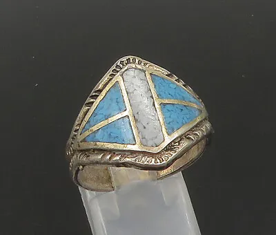 ZUNI NAVAJO 925 Silver - Vintage Inlaid Turquoise Band Ring Sz 9 - RG22890 • $95.09