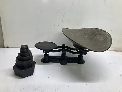 Antique Cast Iron U.S.A. Candy Balance Scale Mercantile With 6 Weights And Pan • $55