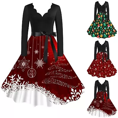 Christmas Women's Classic Tea Dress Long Sleeve V Neck Dress With Belt Swing • $32.90