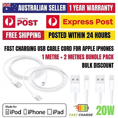 Fast USB Cable Charger Cord 1M + 2M BUNDLE For Apple IPhones 14 13 12 11 X 8 7 6 • $3.99