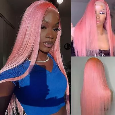 Fluffy Long Straight Light Pink Lace Front Wig Synthetic High Safe Wigs Glueless • $32.93