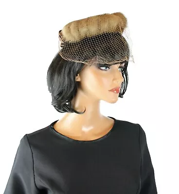50s Pillbox Hat Vintage Brown Mink Fur Satin Bow Velvet Tulle Net Fascinator Cap • $21.24