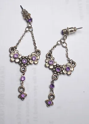 Pair Of Vintage Dangle Earrings Silver Tone Purple Glass Stones Chandelier • £9.99