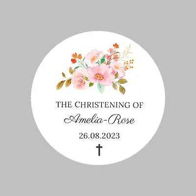 £6.49 • Buy Personalised Round Christening / Baptism Stickers Labels Pink Flowers 37mm