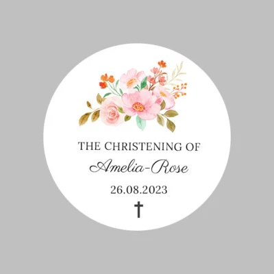 £3.49 • Buy Personalised Round Christening / Baptism Stickers Labels Pink Flowers 37mm