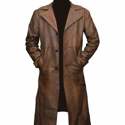 Real Leather Trench Long Coat Men Genuine Lambskin Brown Winter Long Coat New • $149.99