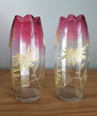 Legras Mont Joye Art Glass Vase Rubina Enameled Chrysanthemum Set Of Two • $495