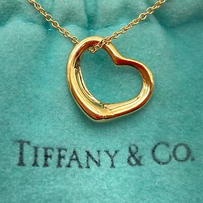 Tiffany & Co. Open Heart Pendant Necklace 16  Elsa Peretti Gold 3.0g • $348