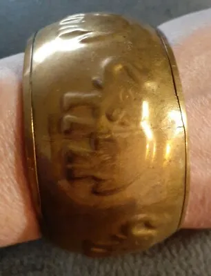 Vintage Brass Lucky Elephant Pattern Wide Bangle Bracelet Size Small • $13.49