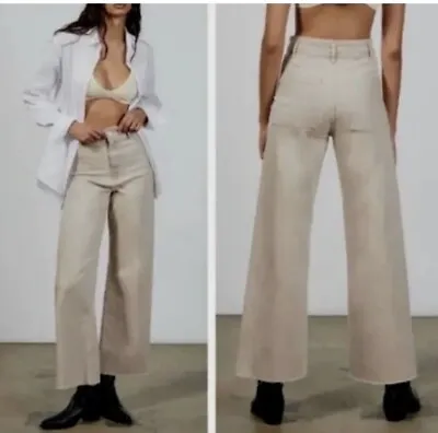 Zara Jeans Women 0 Khaki The Marine Straight Wide Leg High Rise Raw Hem Flaw • $22.49