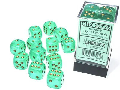 Chessex Borealis Light Green / Gold 12 Dice Set - 6 Sided 16mm D6 Luminary Glow • $10.95