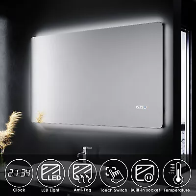 Illuminated Bathroom Mirror With LED Light Shaver Socket Demister Clock 1000×600 • £124.99