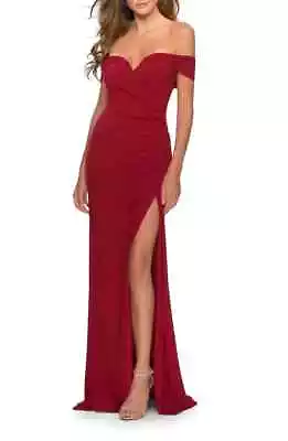 La Femme Red Off The Shoulder Ruched Trumpet Gown Size 4 $328 • $119.98