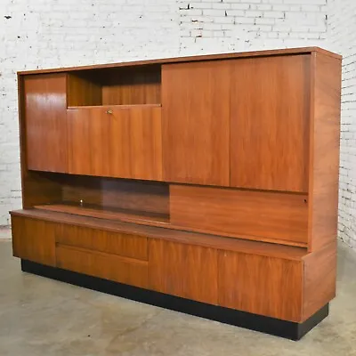 Teak Mid Century Modern Wall Storage Bookcase Cabinet With Drop Front Desk • $4995