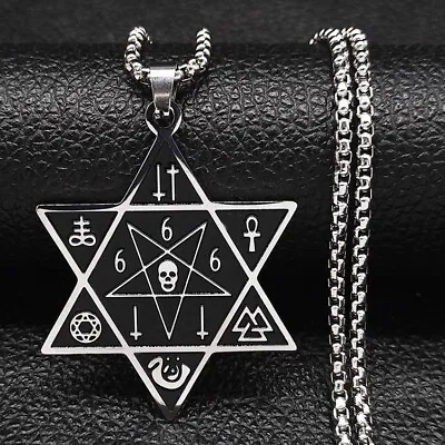 666 Skull Hexagram Pentagram Pendant Necklace Satan Baphomet Inverted Cross   • £13.99