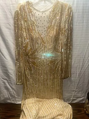 Alyce Designs Vintage Silk Beaded Sequins Gold Dress Size 10 • $125