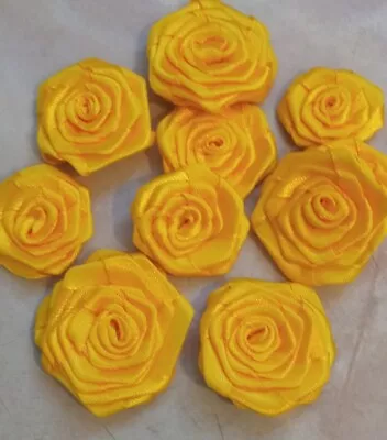 10 Satin Ribbon Rosebuds Satin Ribbon Flowers 3cm Yellow Scrapbook Card Applique • £1.99