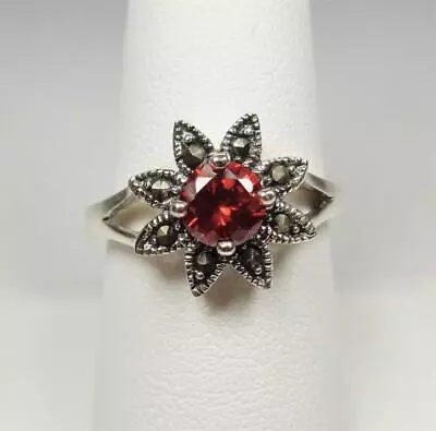 Sterling Silver Island Flower With Garnet Stone And Marcasites Ring Size 7 8 9 • $32.99