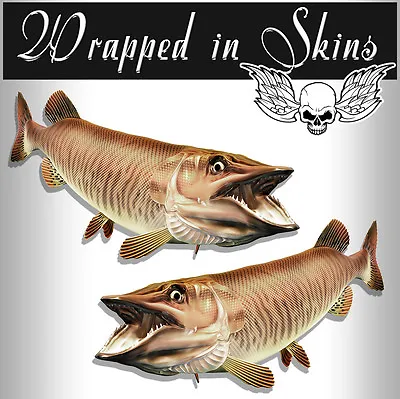 Tiger Musky Fish Stickers Fish Decals Vinyl Adhesive Set Of 2 Mirrored  AFP-0090 • $3.14