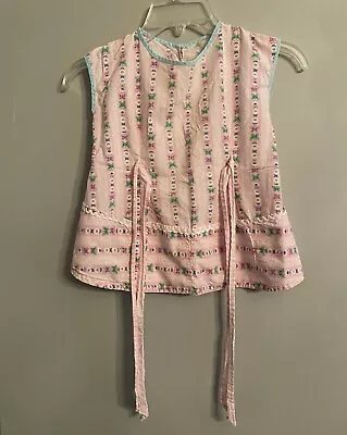 Vintage Childs Cotton Apron Smock Pink Aqua Flowers Butterflies Pockets Ties • $8.95