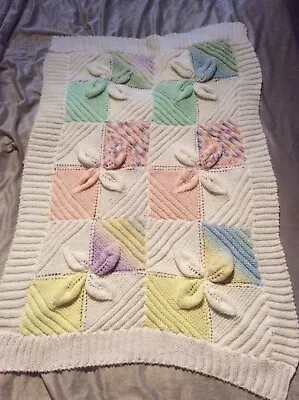 Hand Knitted Pastel Multicolour Cot / Pram Blanket New • £7.99
