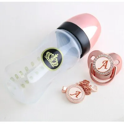 240ml Rose Gold Baby Bottle And Pacifier Set Clip 26 Letters Bling Pacifier Kit • $20.15