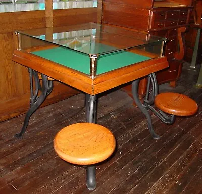 Very Unusual Antique Jewelry Display Case Table With Swing Out Stools----15942 • $2450