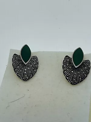 Sterling Silver Malachite And Marcasite Earrings Art Deco Style 925 Post Vintage • $39.99