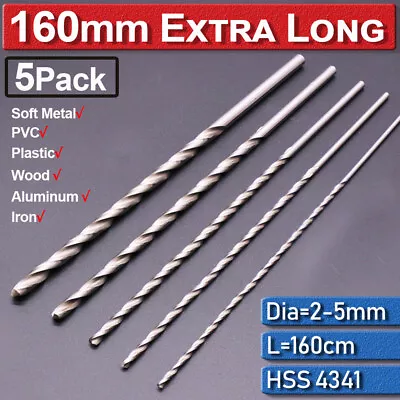 £5.99 • Buy 5x 160mm Extra Long High Speed Steel HSS Twist Drill Bit Set For Metal Drilling