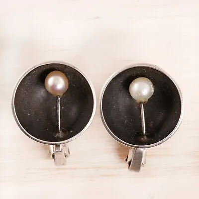 Vintage Ed Levin Sterling Silver Pearl Shadow Box Cup Clip On Earrings • $64.50